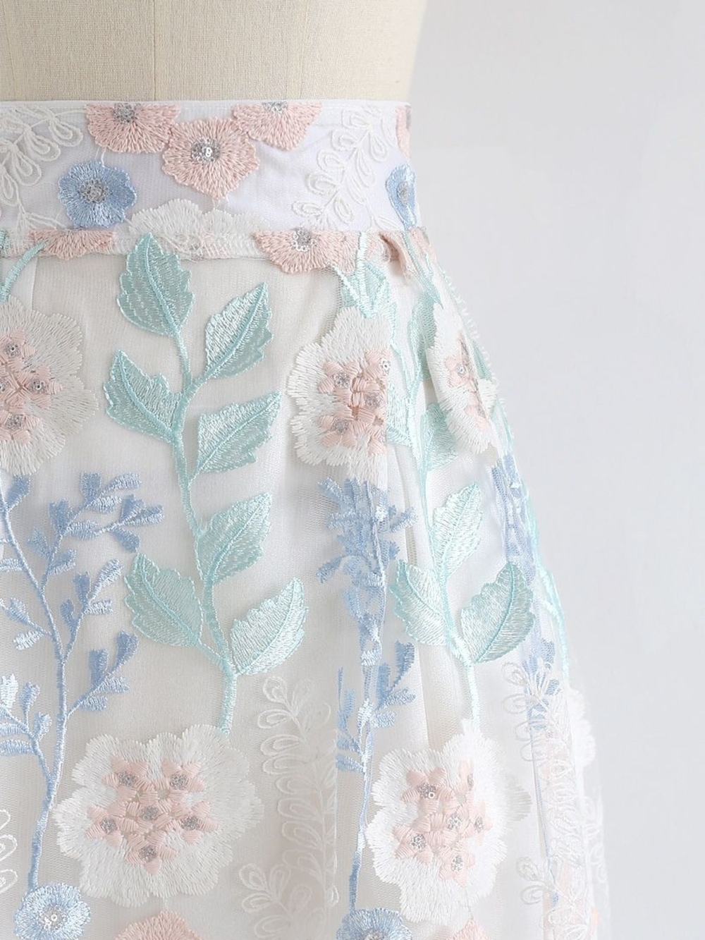 "New Chicwish" Embroidered Floral Midi Skirt - Pastel Blue & Blush - Picture 2 of 8